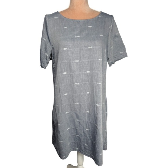 Eileen Fisher‎ Blue Cotton Nomadic Stripe A-Line Boat Neck Shift Dress Size M - Picture 1 of 14